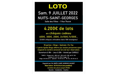 Notre prochain loto le 9 juillet 2022 à Nuits-Saint-Georges