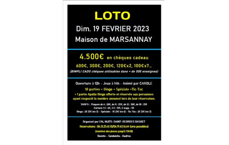 Notre prochain loto 19 février à Marsannay la Côte